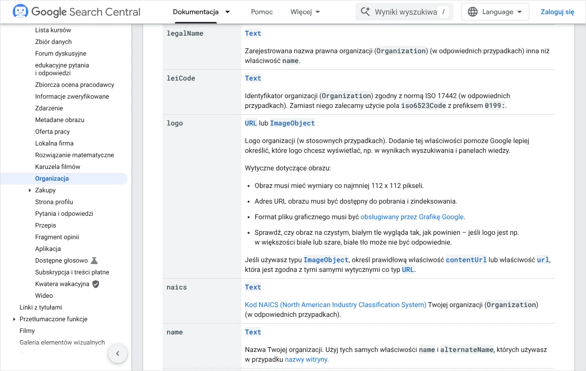 Fragment dokumentacji Google Search Central opisujący właściwość logo w uporządkowanych danych organizacji wraz z wytycznymi dotyczącymi obrazu.
