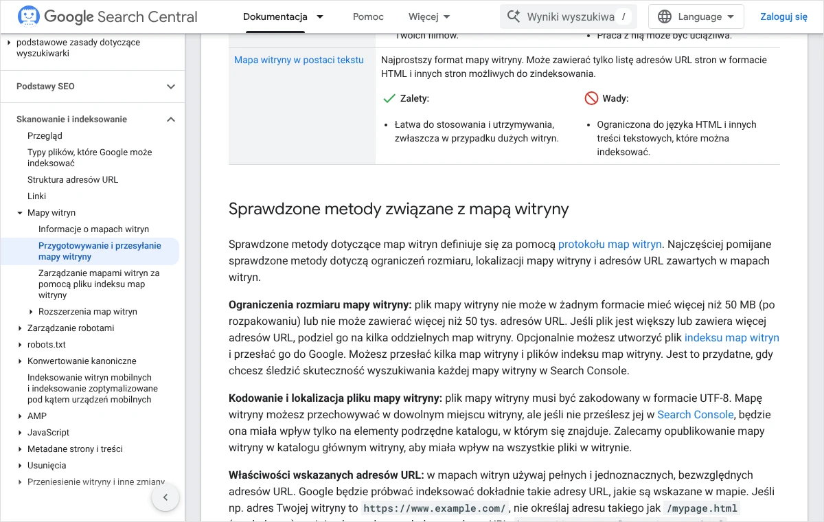 Fragment dokumentacji Google ze sprawdzonymi metodami dotyczącymi map witryn: ograniczenia rozmiaru, kodowanie, lokalizacja pliku i forma adresów URL