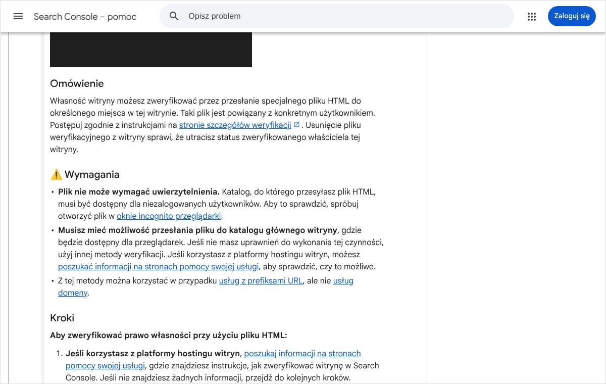 Fragment pomocy Search Console z wymaganiami metody przesłania pliku HTML: brak uwierzytelnienia, katalog główny, usługa z prefiksem URL