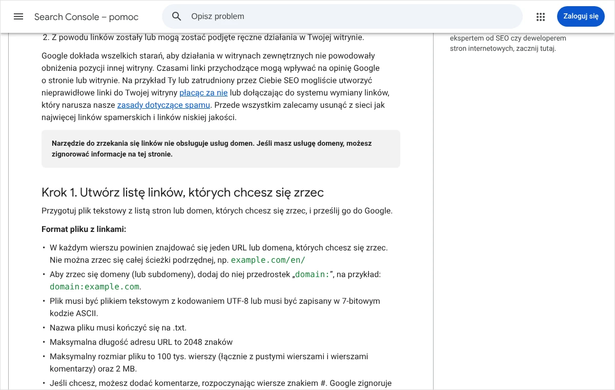 Fragment pomocy Search Console z listą wymagań dla pliku zrzeczenia: jeden adres w wierszu, przedrostek domain, kodowanie, limity