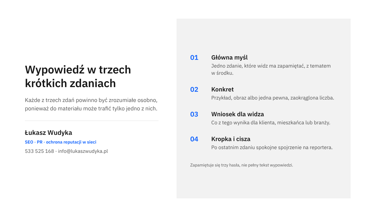 Infografika z układem krótkiej wypowiedzi dla telewizji: główna myśl, konkretny przykład, wniosek dla widza i zakończenie kropką.