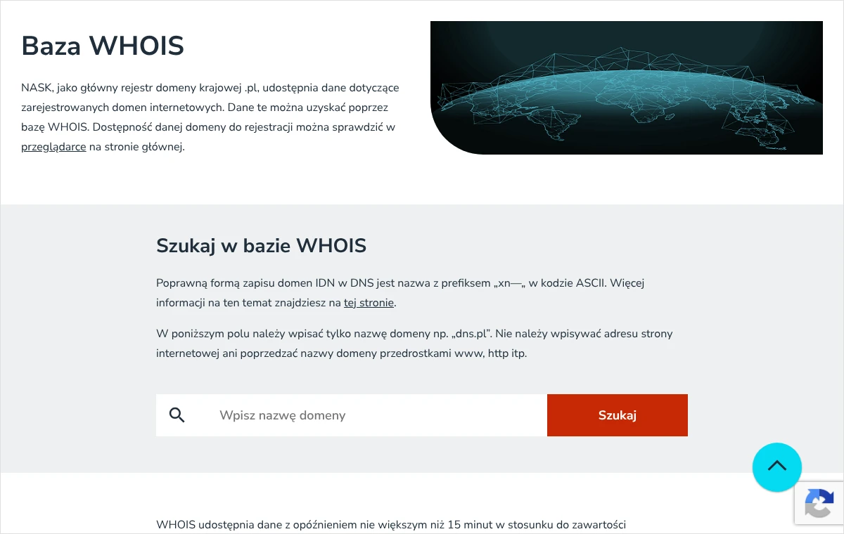Zrzut strony Baza WHOIS w serwisie dns.pl: opis bazy, część Szukaj w bazie WHOIS, pole na nazwę domeny i czerwony przycisk Szukaj.