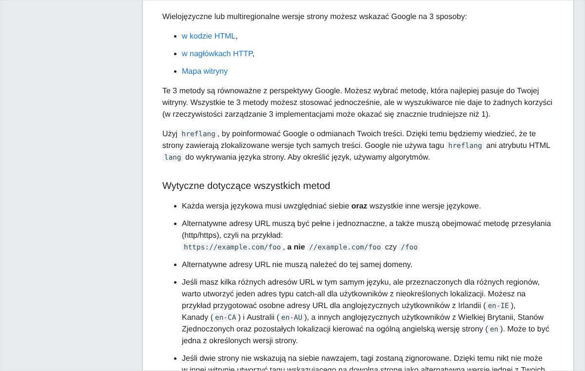 Fragment dokumentacji Google z trzema metodami wskazywania wersji językowych i wytycznymi: wzajemne odwołania oraz pełne adresy URL