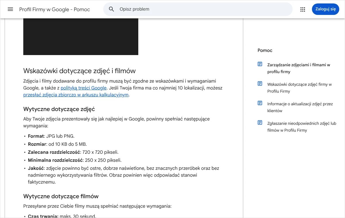 Fragment pomocy Profilu Firmy w Google z wytycznymi dotyczącymi zdjęć: format, rozmiar pliku, zalecana i minimalna rozdzielczość oraz jakość