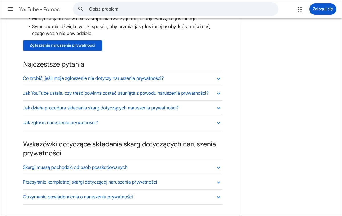 Strona pomocy YouTube z wytycznymi dotyczącymi prywatności: przycisk zgłaszania naruszenia i lista pytań o procedurę składania skarg.