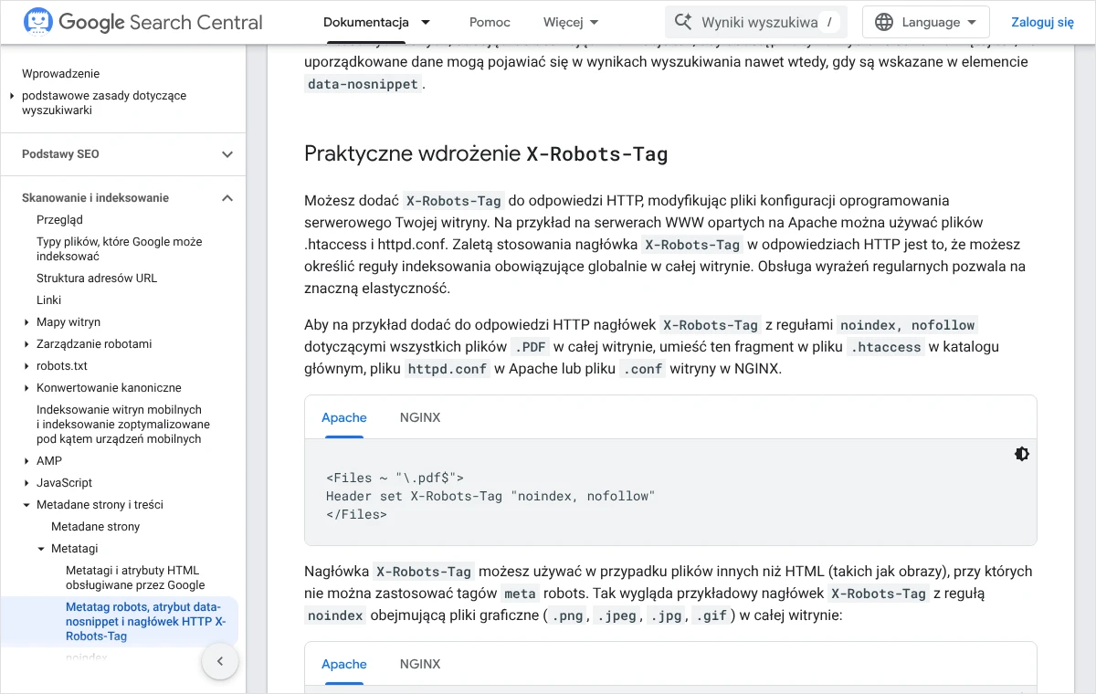 Fragment dokumentacji Google z sekcją o praktycznym wdrożeniu X-Robots-Tag i przykładem reguły dla plików PDF na serwerze Apache