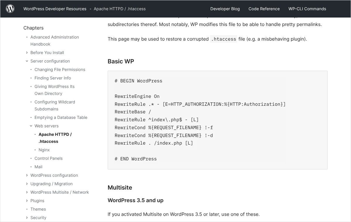 Zrzut dokumentacji WordPressa z podstawowym blokiem reguł pliku .htaccess między wierszami BEGIN WordPress i END WordPress dla pojedynczej witryny.