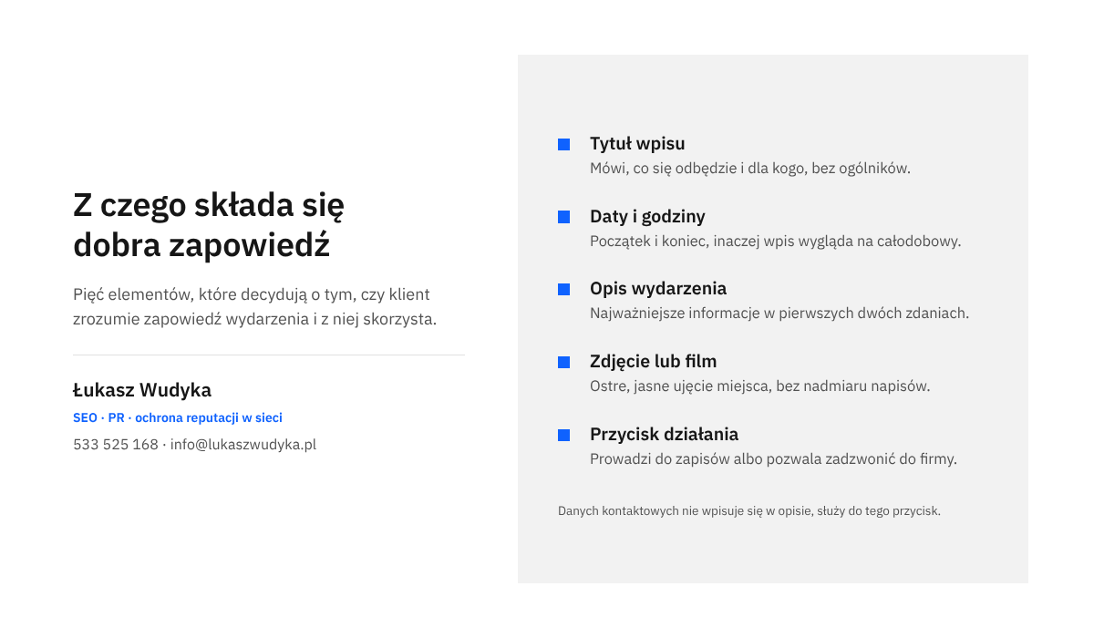 Infografika z pięcioma elementami zapowiedzi wydarzenia w Profilu Firmy: tytuł, daty i godziny, opis, zdjęcie oraz przycisk działania