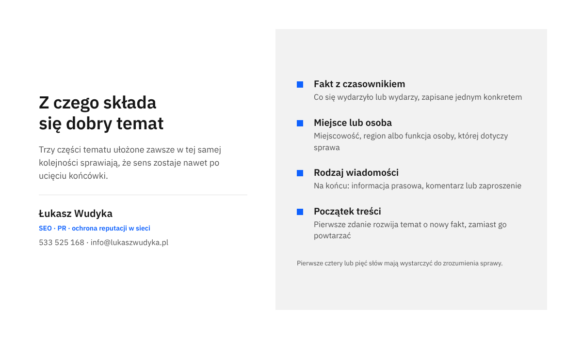 Infografika pokazująca trzy części tematu wiadomości do dziennikarza: fakt, miejsce lub osobę oraz oznaczenie rodzaju wiadomości