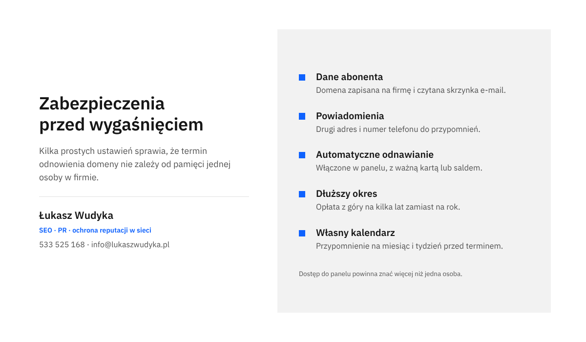Infografika z listą zabezpieczeń domeny przed wygaśnięciem: dane abonenta, powiadomienia, automatyczne odnawianie, dłuższy okres i kalendarz.