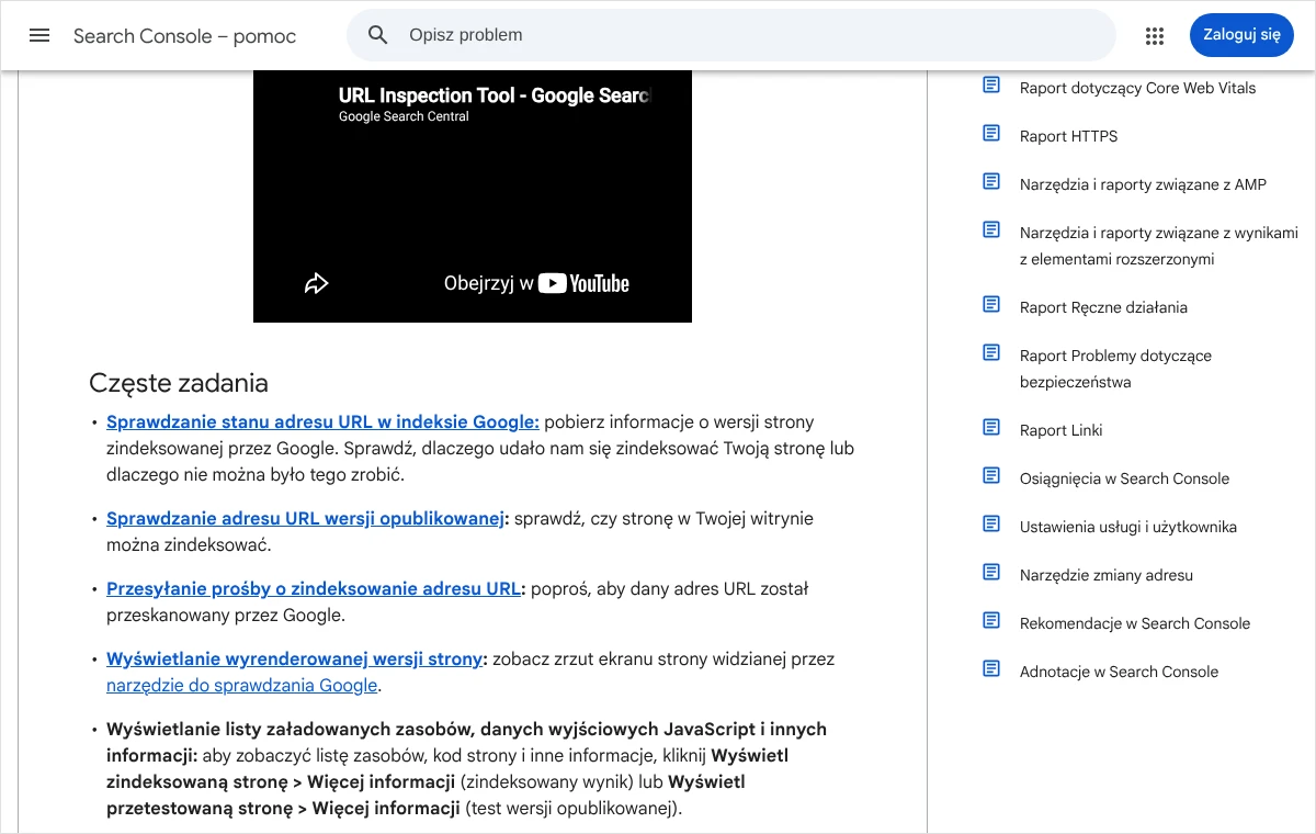 Fragment pomocy Search Console z listą częstych zadań narzędzia do sprawdzania adresów URL, w tym sprawdzania stanu w indeksie i przesyłania prośby