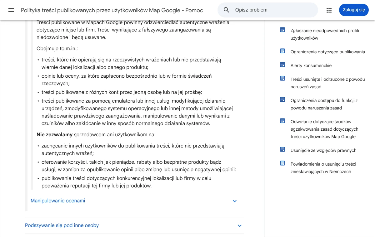 Strona pomocy Google z rozwiniętą zasadą Fałszywe zaangażowanie i punktem o publikowaniu treści dotyczących konkurencyjnej lokalizacji lub firmy