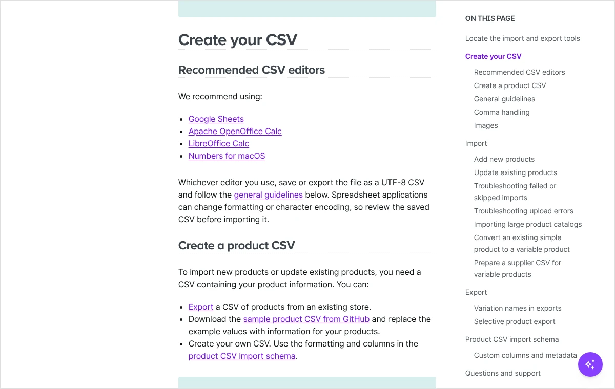 Fragment dokumentacji WooCommerce z listą zalecanych edytorów plików CSV oraz trzema sposobami przygotowania pliku z produktami