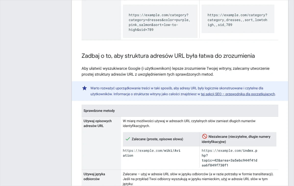 Fragment dokumentacji Google z zaleceniem używania opisowych adresów URL oraz przykładami adresu zalecanego i niezalecanego