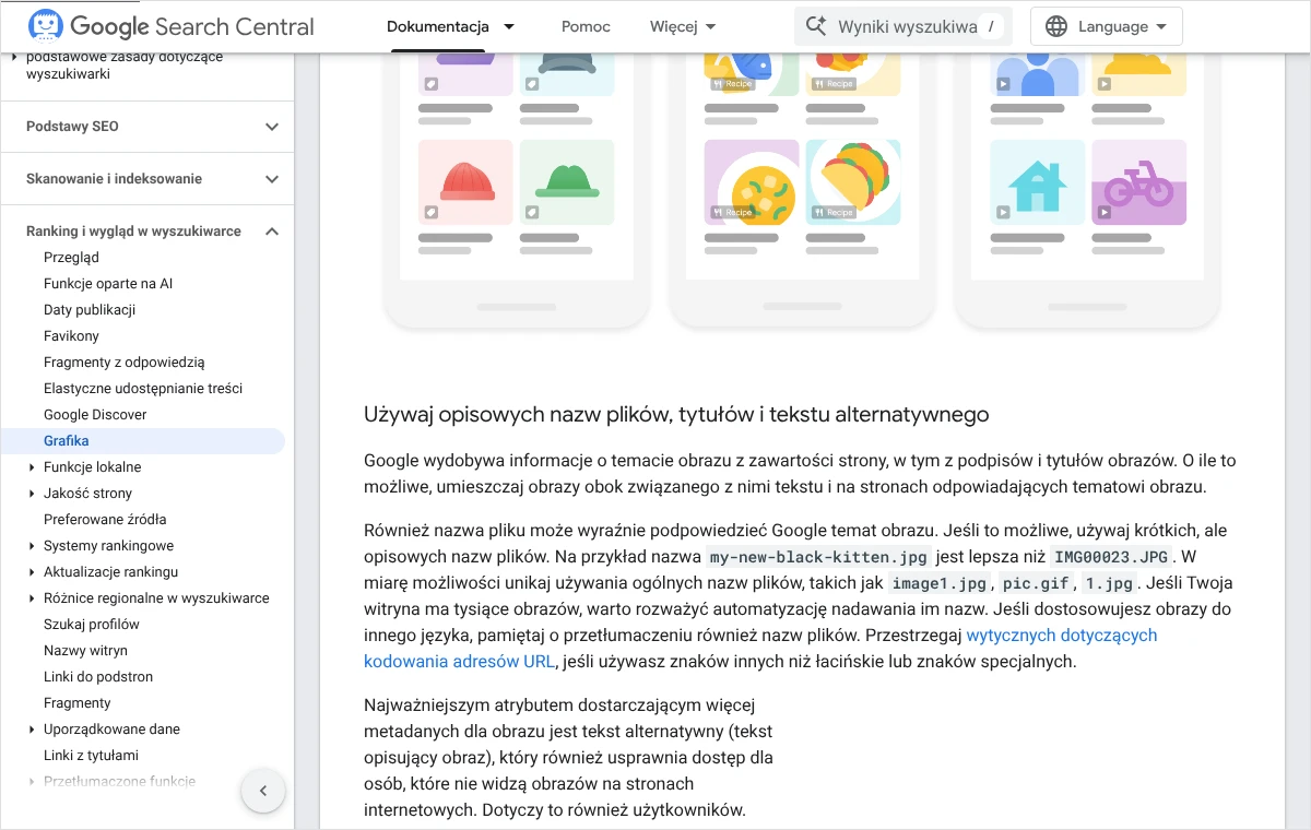 Fragment dokumentacji Google Search Central z sekcją o opisowych nazwach plików, tytułach i tekście alternatywnym obrazów oraz przykładami dobrych i złych nazw.