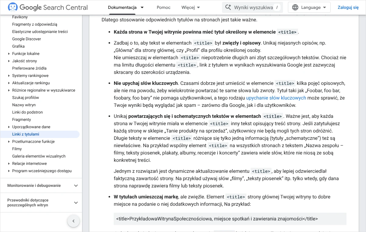 Zrzut dokumentacji Google Search Central z zaleceniem unikania powtarzających się i schematycznych tekstów w elementach title