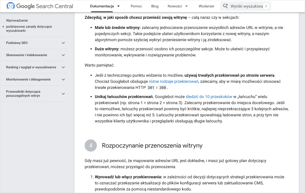 Fragment dokumentacji Google o przenoszeniu witryny z punktem o unikaniu łańcuchów przekierowań i limicie 10 przeskoków dla Googlebota