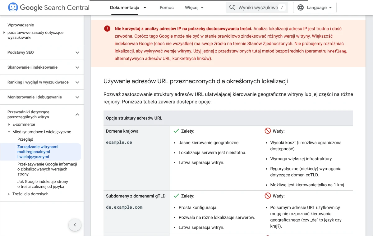 Fragment dokumentacji Google z tabelą opcji struktury adresów URL: zalety i wady domeny krajowej oraz subdomen w domenie ogólnej.