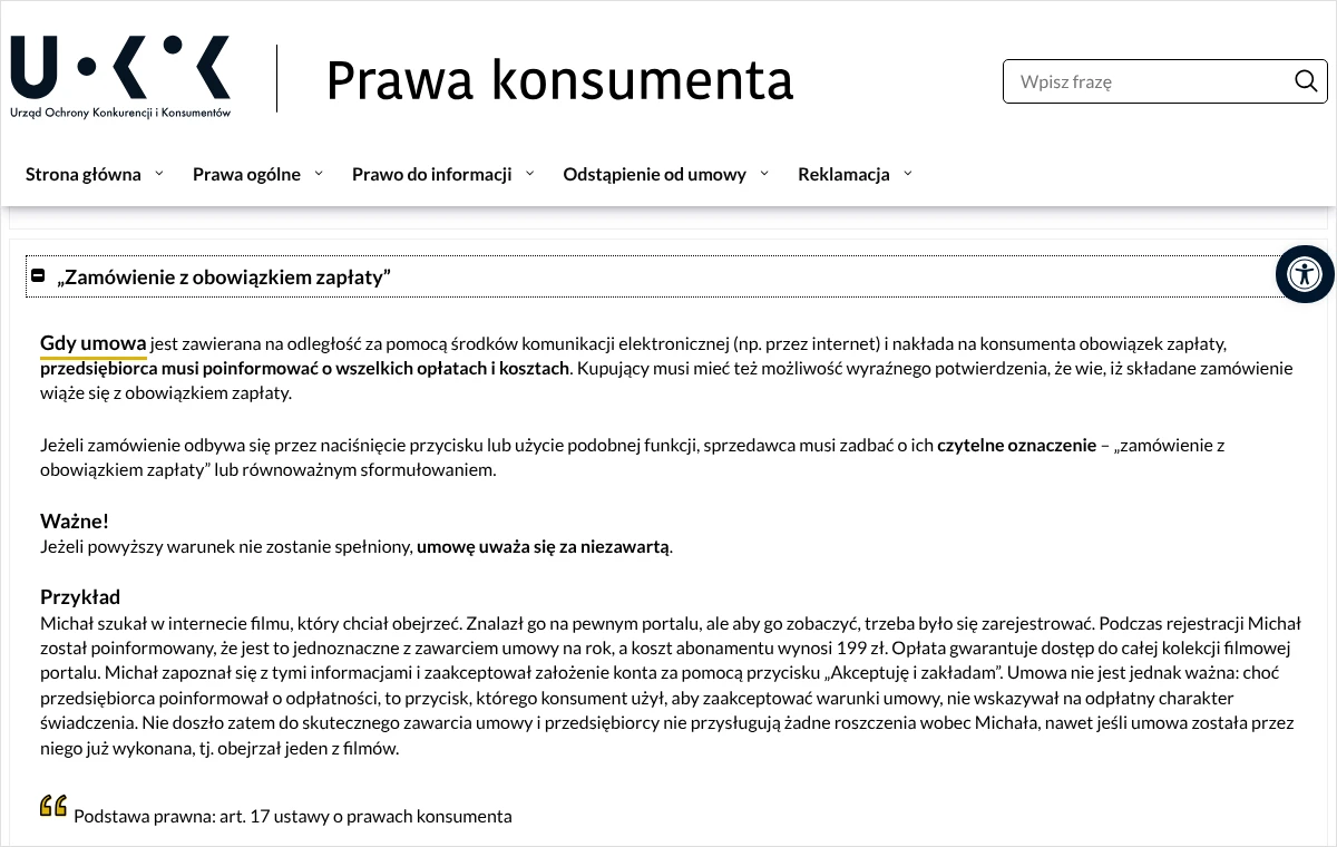 Zrzut strony UOKiK z objaśnieniem, że przycisk kończący zakup w internecie ma być oznaczony słowami zamówienie z obowiązkiem zapłaty
