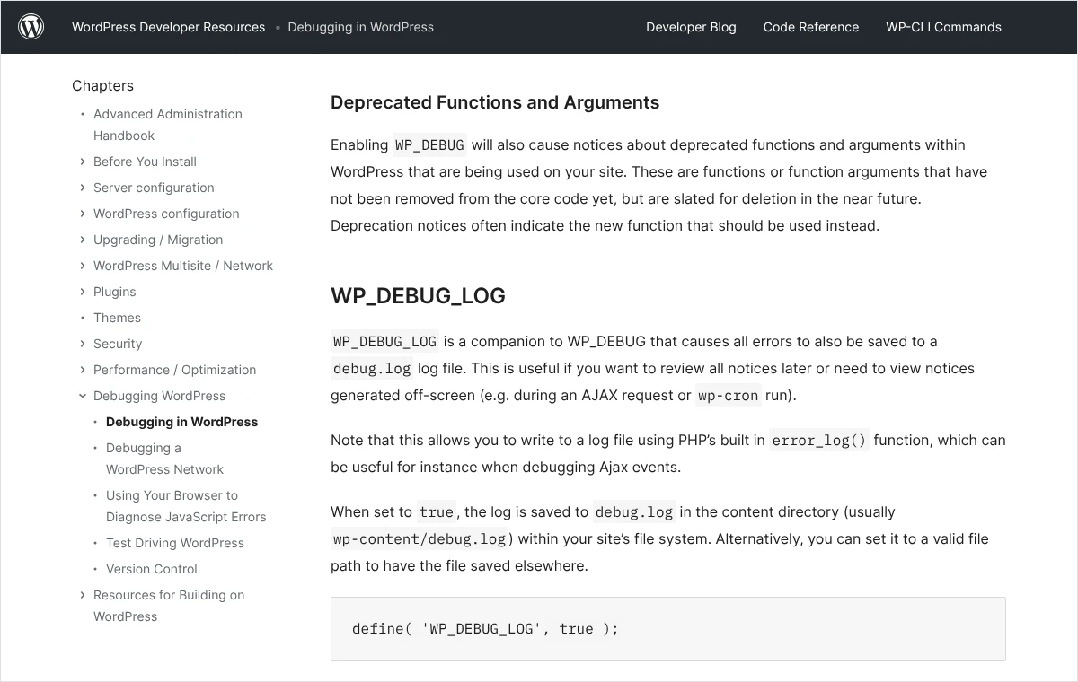 Fragment dokumentacji WordPressa o ustawieniu WP_DEBUG_LOG, które zapisuje błędy do pliku debug.log w katalogu wp-content