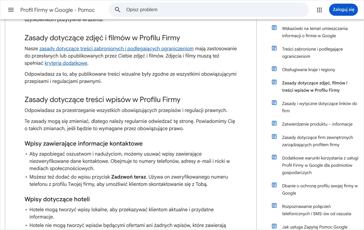 Fragment zasad Google dotyczących treści wpisów: wpisy z niezweryfikowanymi danymi kontaktowymi mogą być usuwane, opis przycisku Zadzwoń teraz