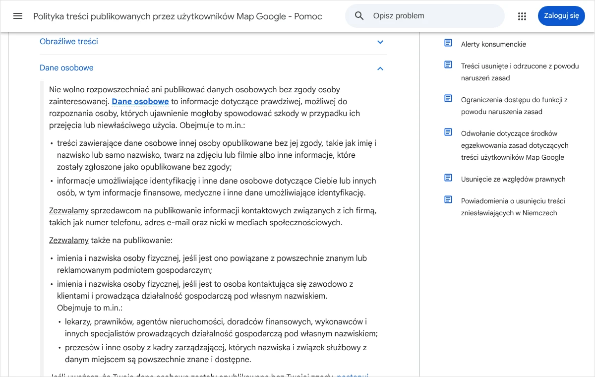 Fragment zasad Map Google z częścią Dane osobowe: zakaz publikowania danych bez zgody oraz wyjątki dla osób działających pod własnym nazwiskiem