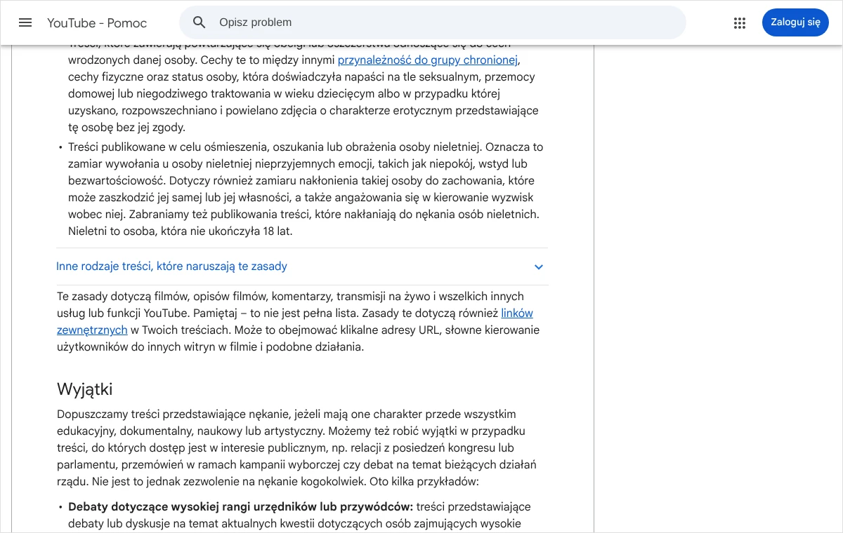 Fragment strony pomocy YouTube z zasadami dotyczącymi nękania: ochrona osób nieletnich oraz początek sekcji o wyjątkach.