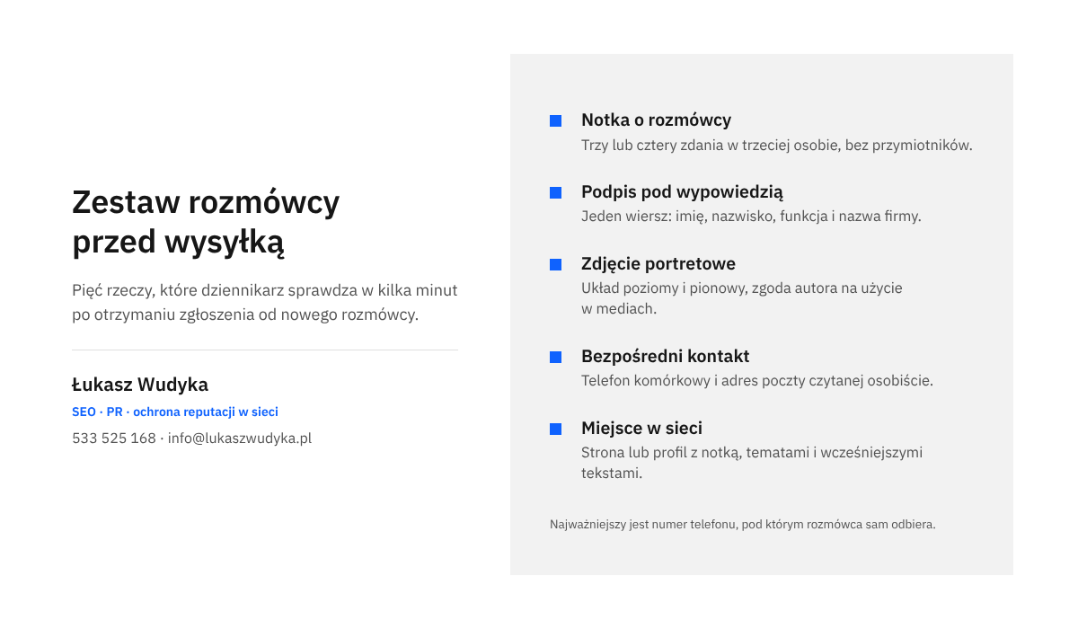 Infografika z listą pięciu elementów do przygotowania przed zgłoszeniem do redakcji: notka, podpis, zdjęcie, kontakt i strona.