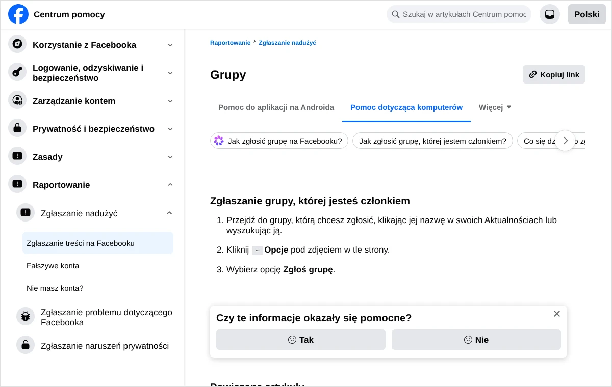 Zrzut strony Centrum pomocy Facebooka z trzema krokami zgłaszania grupy: przejście do grupy, przycisk Opcje i pozycja Zgłoś grupę
