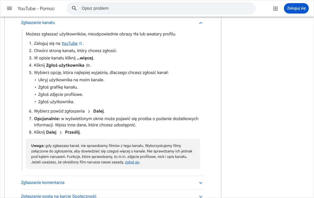 Zrzut strony pomocy YouTube z kolejnymi krokami zgłaszania kanału: opis kanału, opcja zgłoszenia użytkownika, wybór powodu i przesłanie