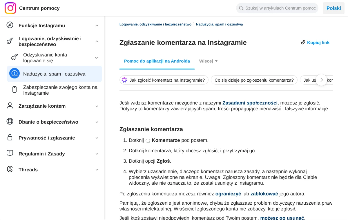 Strona Centrum pomocy Instagrama z czterema krokami zgłaszania komentarza w aplikacji na Androida oraz uwagą o anonimowości zgłoszenia