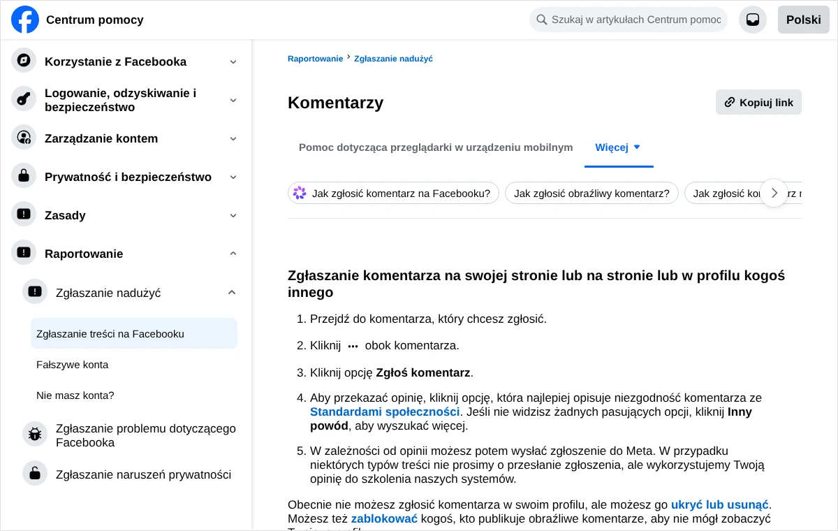 Strona Centrum pomocy Facebooka z pięcioma krokami zgłaszania komentarza: ikona trzech kropek, opcja Zgłoś komentarz i wybór powodu
