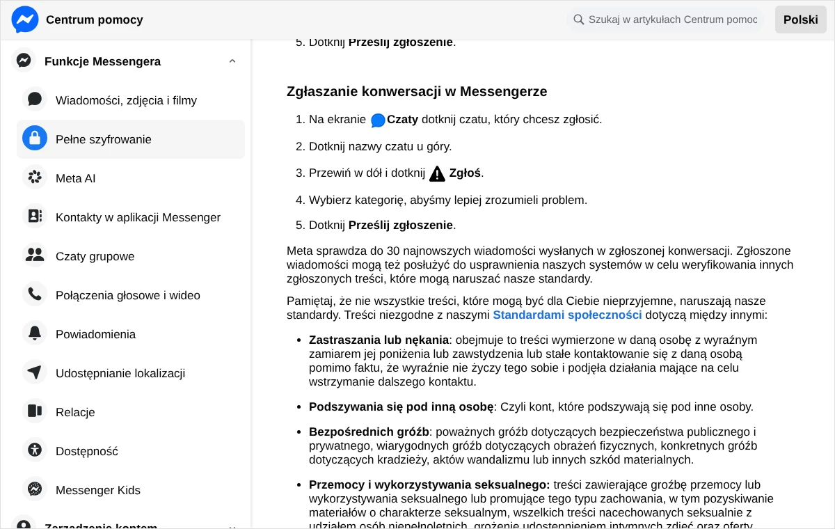 Strona Centrum pomocy Messengera z pięcioma krokami zgłaszania konwersacji w aplikacji oraz opisem kategorii zastraszania i nękania.