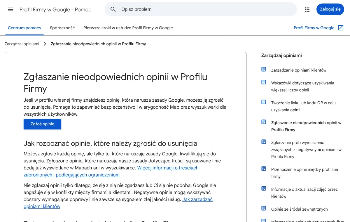 Strona pomocy Profilu Firmy w Google o zgłaszaniu nieodpowiednich opinii z przyciskiem Zgłoś opinie i opisem opinii kwalifikujących się do usunięcia