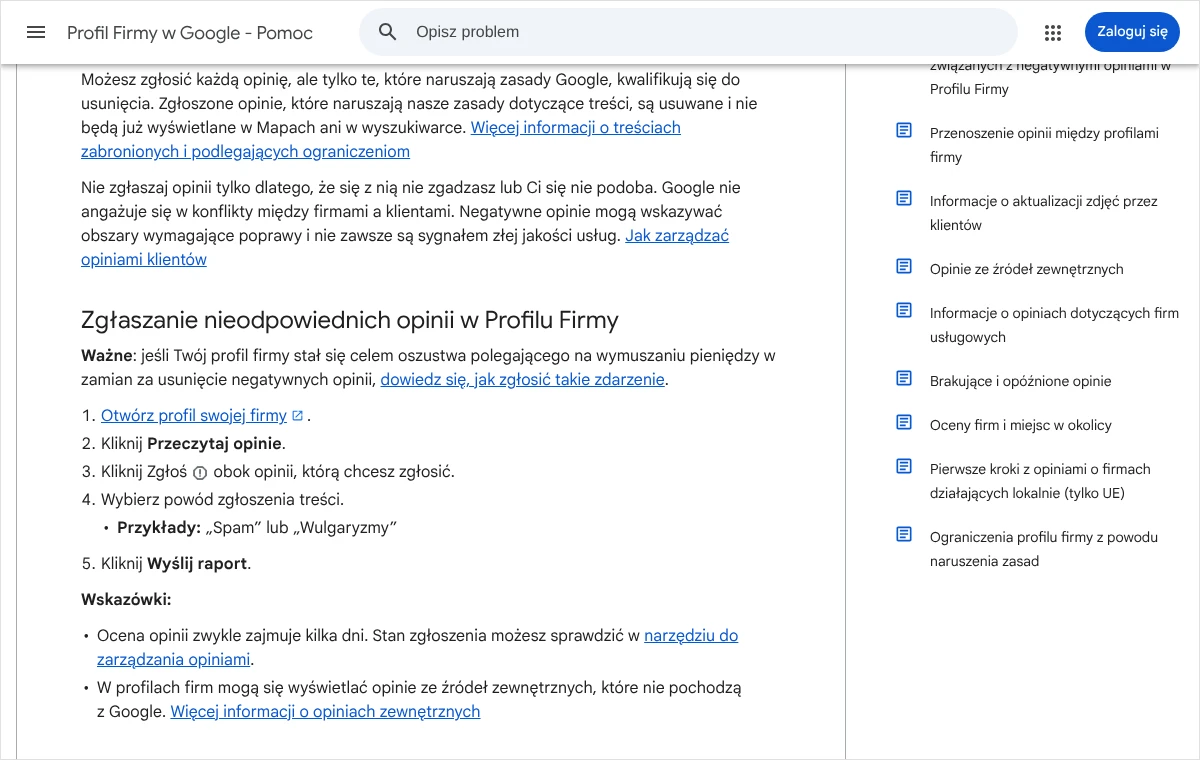 Strona pomocy Profilu Firmy w Google z pięcioma czynnościami zgłoszenia opinii: otwarcie profilu, Przeczytaj opinie, Zgłoś, wybór powodu, Wyślij raport