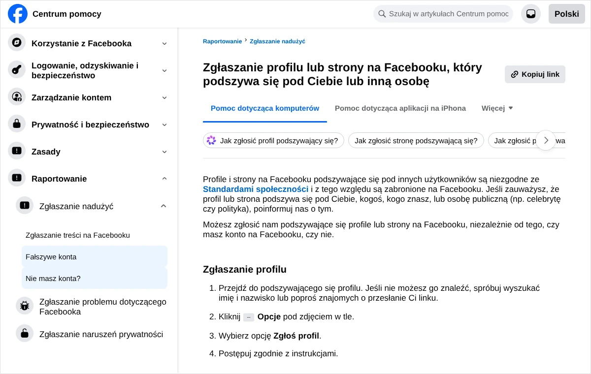 Zrzut artykułu centrum pomocy Facebooka o zgłaszaniu profilu lub strony podszywającej się pod inną osobę, z krokami zgłaszania profilu.