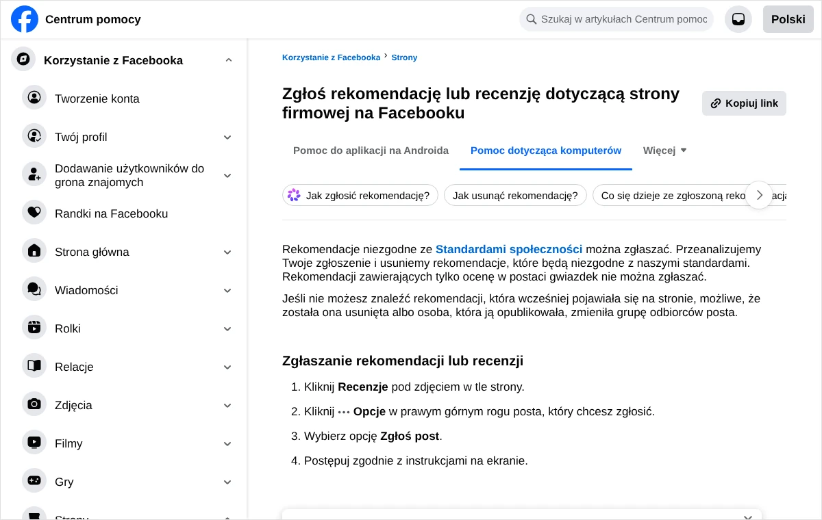 Zrzut artykułu Centrum pomocy Facebooka o zgłaszaniu rekomendacji lub recenzji strony firmowej z czterema krokami zgłoszenia.