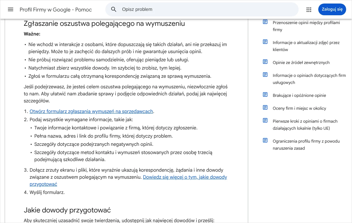 Fragment strony pomocy Google o zgłaszaniu oszustwa polegającego na wymuszeniu, z zaleceniami i listą informacji wymaganych w formularzu