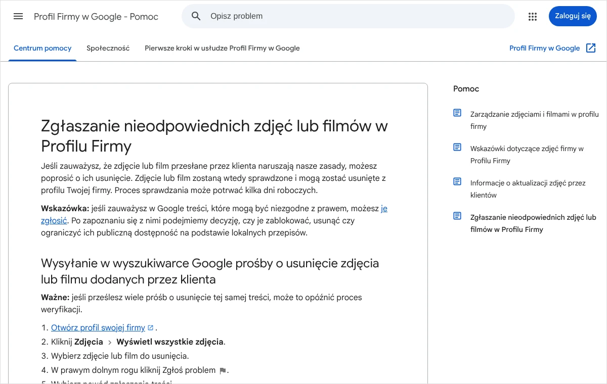 Zrzut strony pomocy Google o zgłaszaniu nieodpowiednich zdjęć lub filmów w Profilu Firmy z początkiem listy kroków w wyszukiwarce