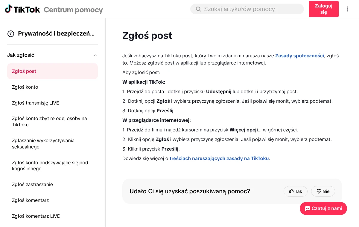 Zrzut strony Centrum pomocy TikToka z artykułem „Zgłoś post”: kroki zgłoszenia filmu w aplikacji oraz w przeglądarce internetowej.