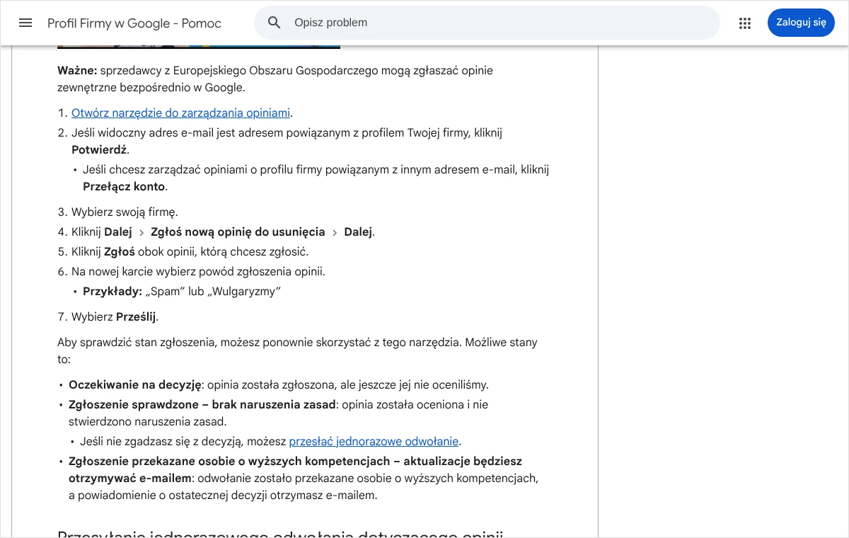 Strona pomocy Profilu Firmy w Google z krokami zgłaszania opinii w narzędziu do zarządzania opiniami oraz listą możliwych stanów zgłoszenia
