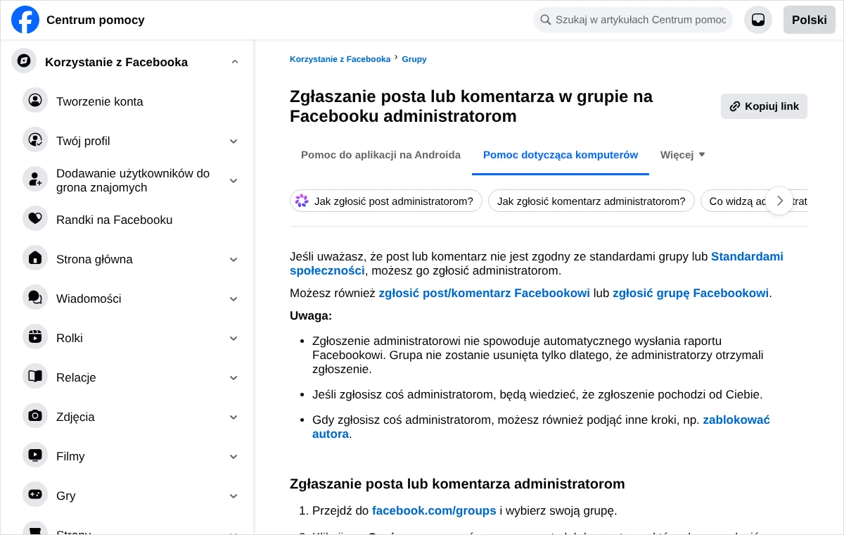 Zrzut strony Centrum pomocy Facebooka o zgłaszaniu posta lub komentarza w grupie administratorom, z trzema uwagami dla zgłaszającego