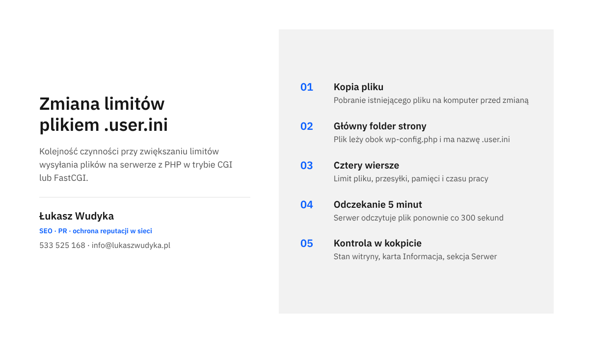Infografika z kolejnymi czynnościami: kopia pliku, wpisanie czterech wierszy w .user.ini, odczekanie i kontrola wartości w kokpicie