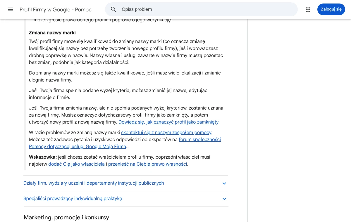Fragment wskazówek Google z sekcją o zmianie nazwy marki: kiedy wystarcza edycja profilu, a kiedy trzeba zamknąć profil i utworzyć nowy.