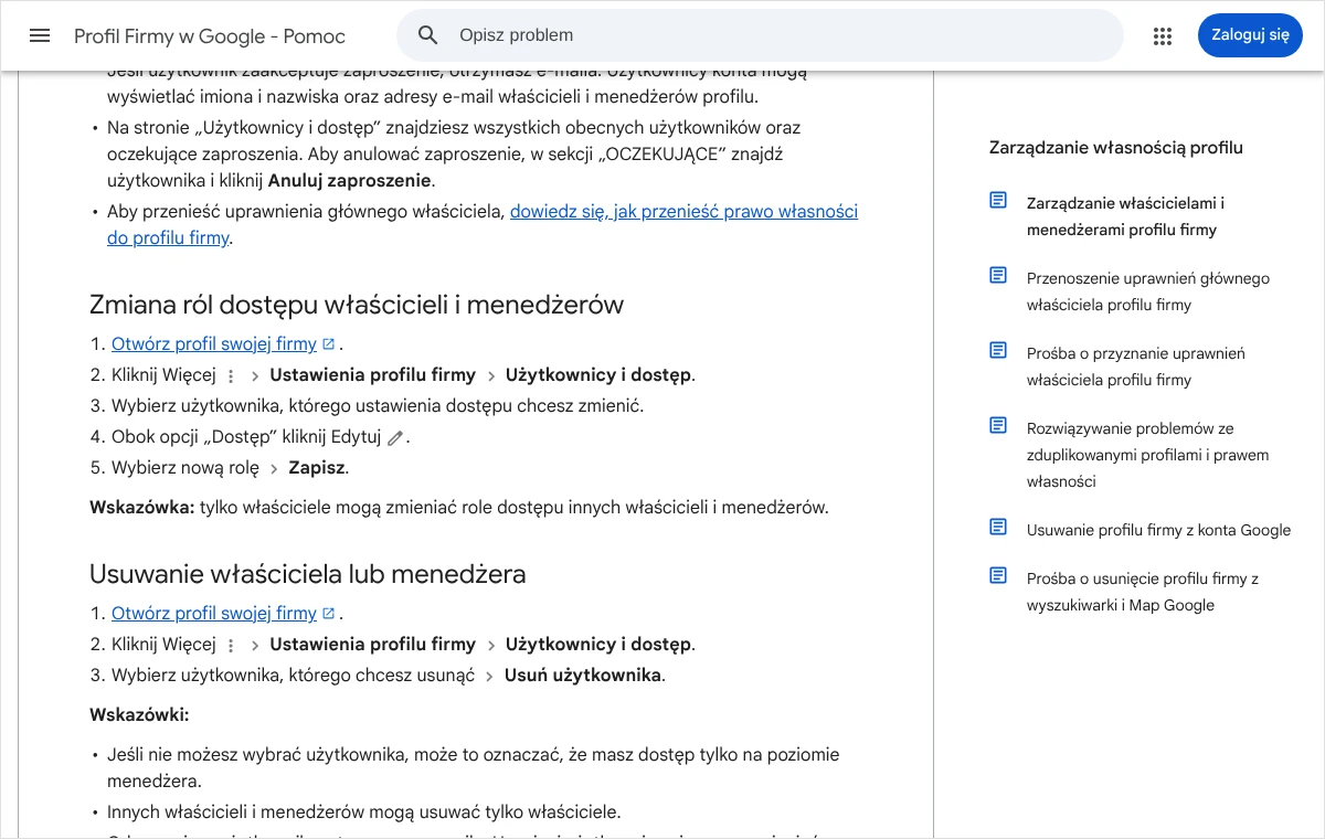 Strona pomocy Google z krokami zmiany roli dostępu oraz usuwania właściciela lub menedżera w ustawieniach profilu firmy