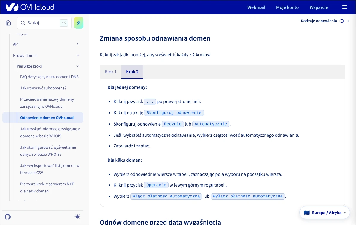 Fragment dokumentacji OVHcloud z krokami zmiany sposobu odnawiania domeny: akcja Skonfiguruj odnowienie oraz wybór Ręcznie lub Automatycznie