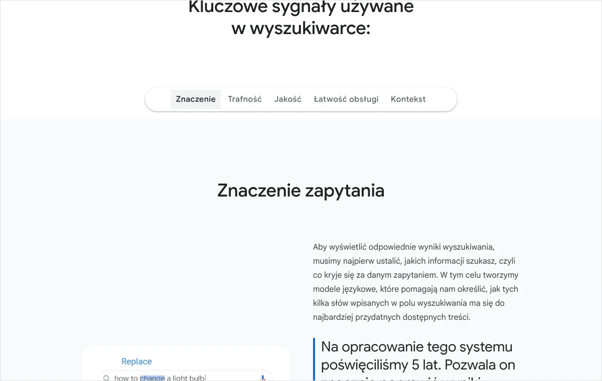 Fragment strony Google o działaniu wyszukiwarki: część Znaczenie zapytania z wyjaśnieniem, że najpierw ustala się, czego szuka użytkownik