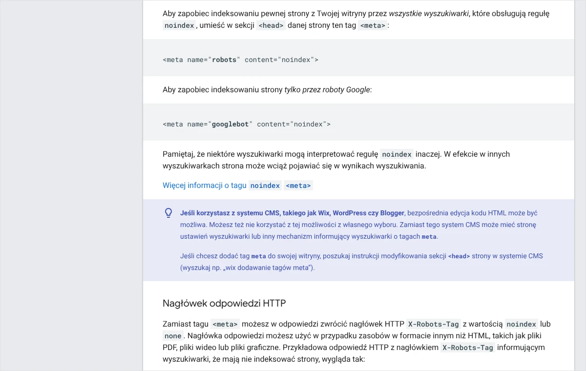 Fragment dokumentacji Google z przykładami znacznika meta robots i googlebot z wartością noindex oraz początkiem opisu nagłówka odpowiedzi HTTP