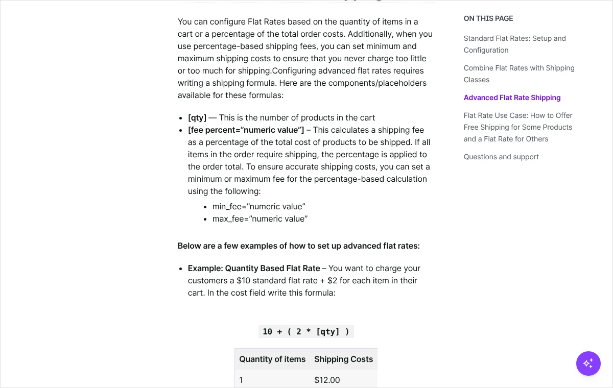 Fragment dokumentacji WooCommerce opisujący znaczniki qty i fee percent oraz przykładowy wzór kosztu zależnego od liczby produktów w koszyku