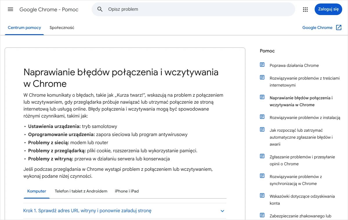 Strona pomocy Google Chrome o naprawianiu błędów połączenia i wczytywania z listą możliwych źródeł problemu: urządzenie, sieć, przeglądarka, witryna